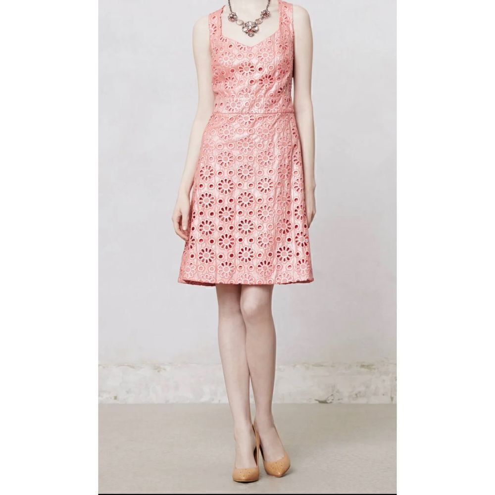Anthropologie Maeve Coralshine Metallic‎ Eyelet Floral A-Line Sleeveless Dress